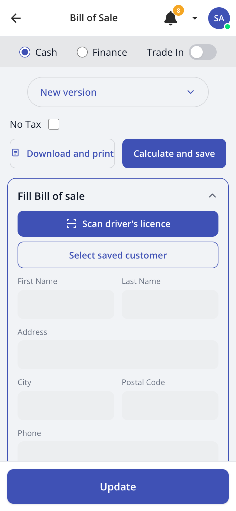 A bill of sale generated in the LotOS phone app