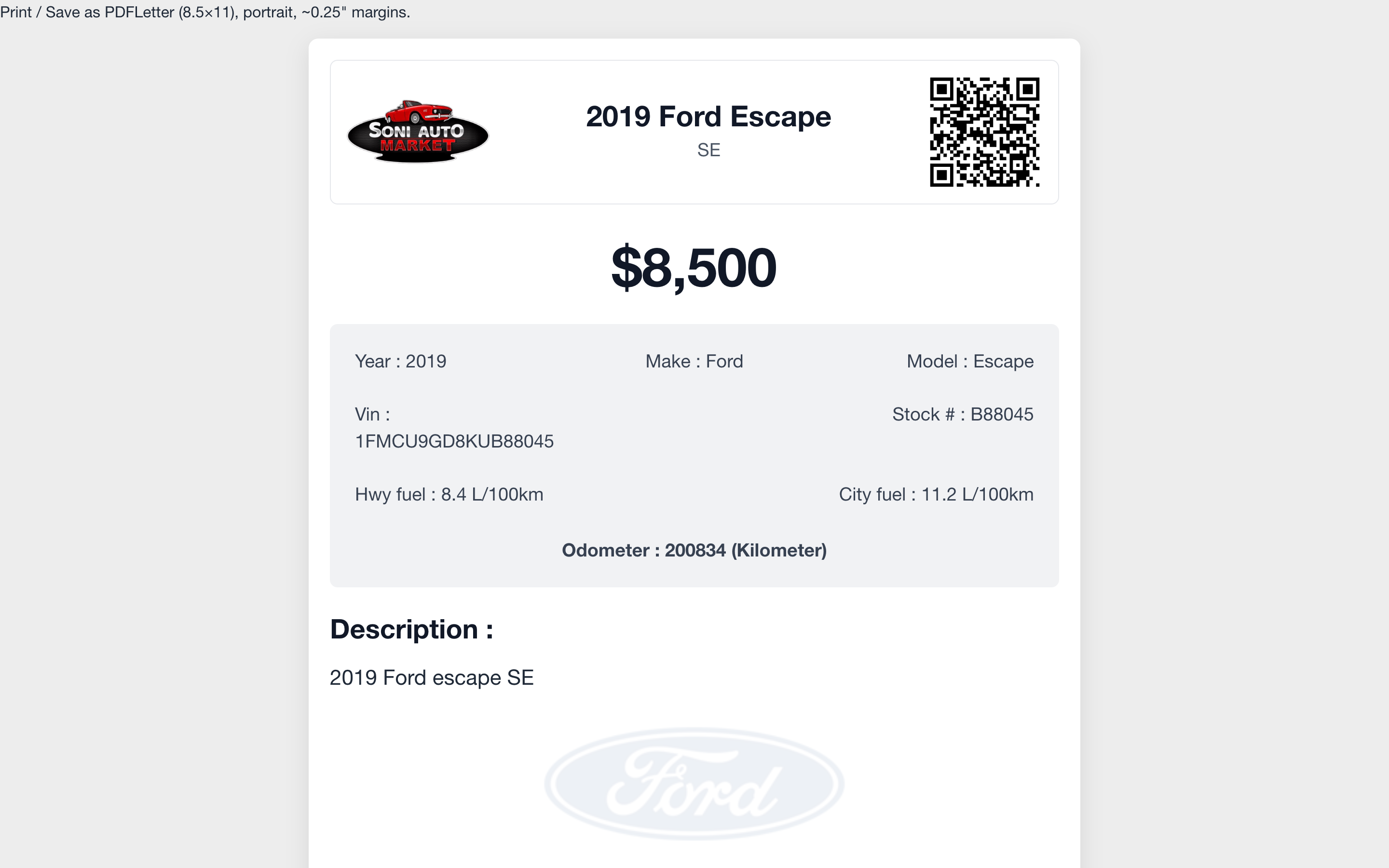 A LotOS window sticker for a 2019 Ford Escape